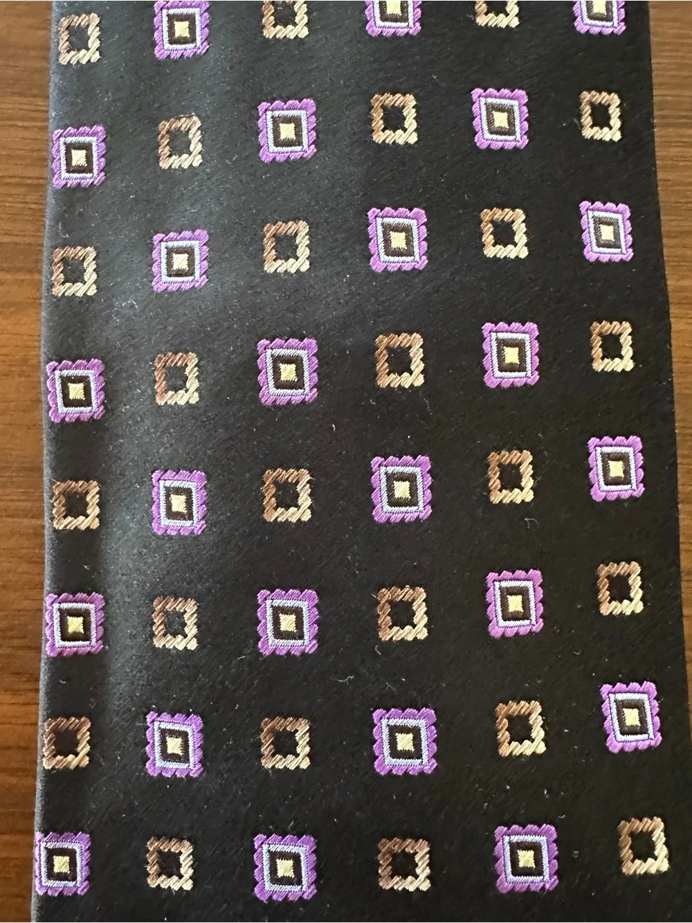 Ermenegildo Zegna Black Silk Tie with Purple and Tan Geometric Squares